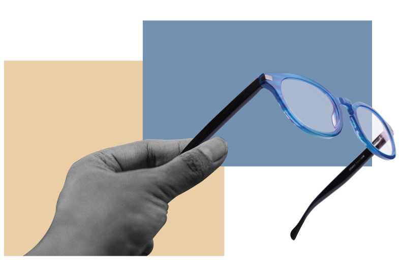 Illustration of a hand holding a pair of eyeglasses