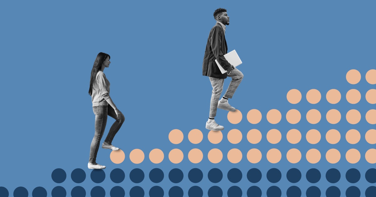Illustration of a woman and man walking up a chart that shows the data is rising