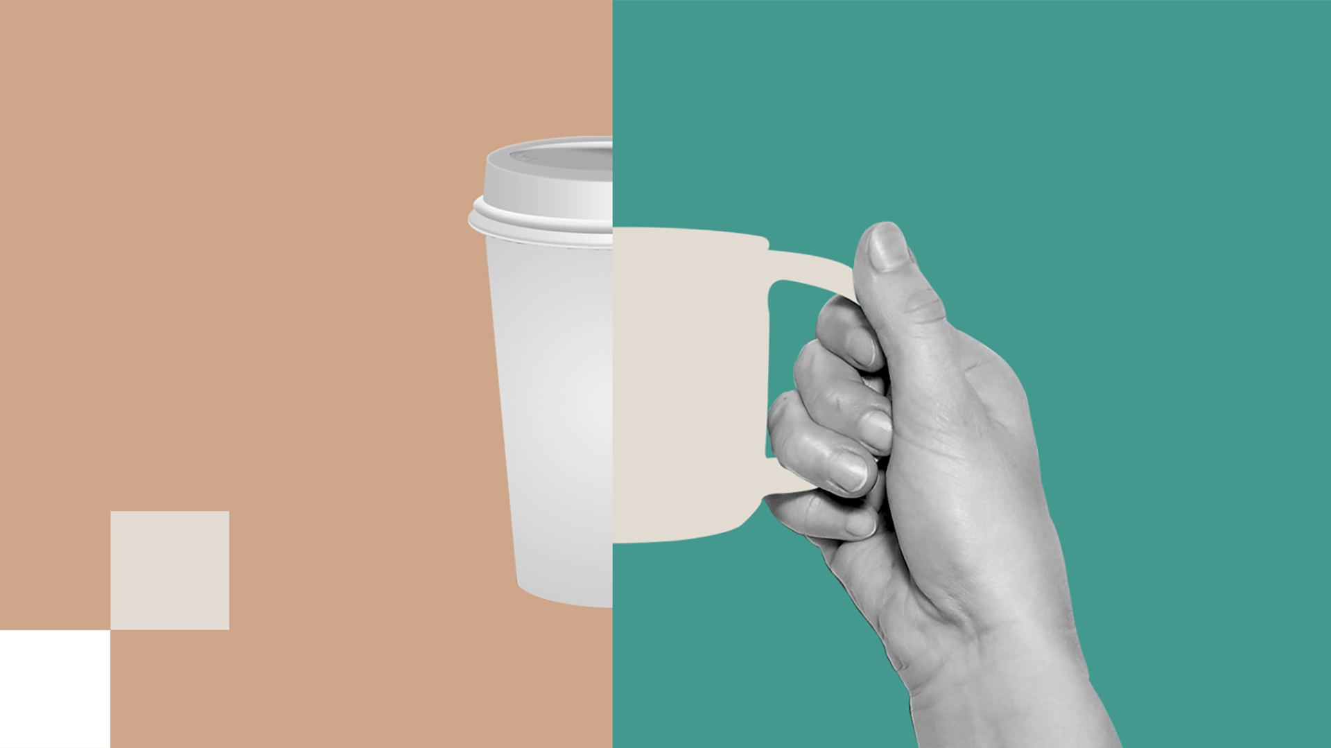 Illustration hand holding mug combined with a to-go coffee cup
