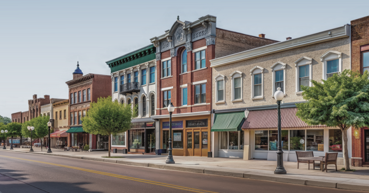 Historic brick storefronts and awnings along a small-town American Main Street