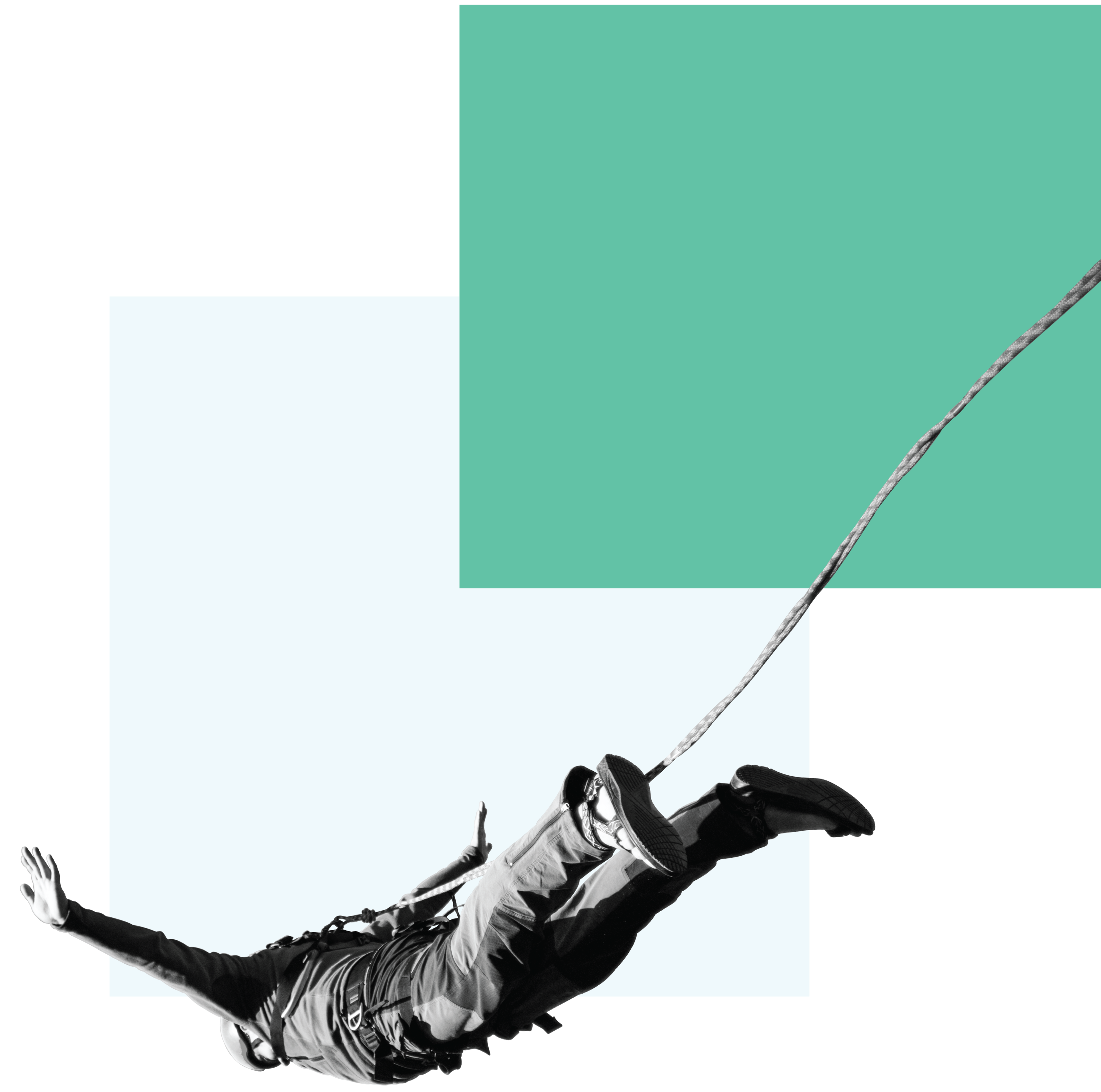Illustration of bungee jumper in the air against a green background