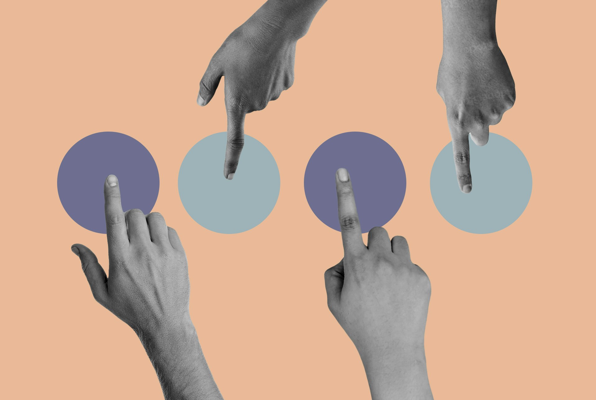 Illustration of hands pressing circles like buttons