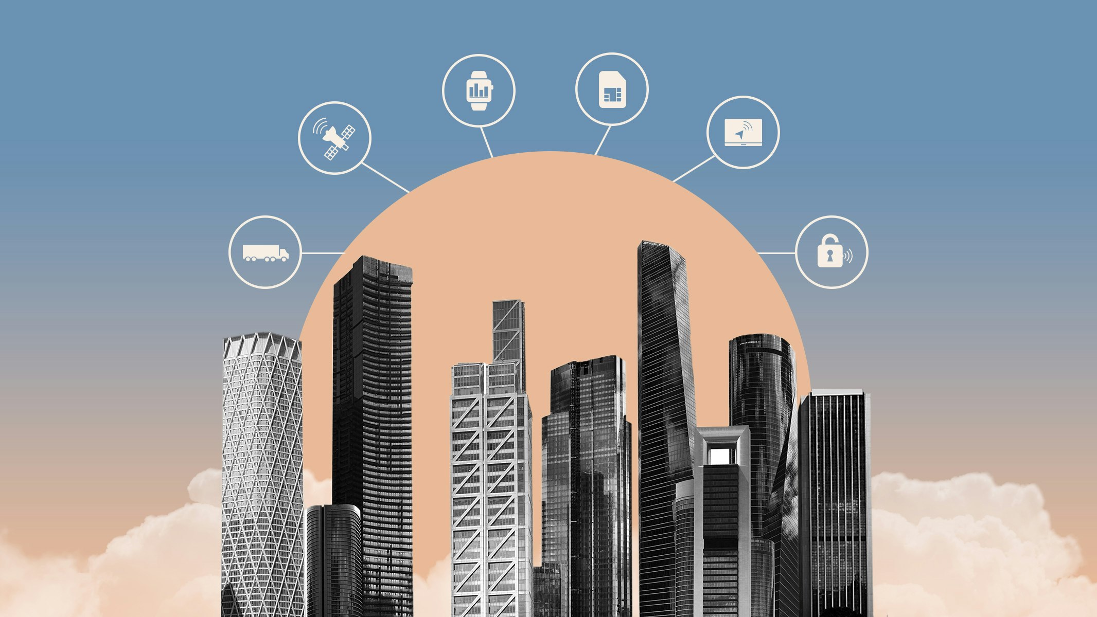 Illustration of a city skyline being connected to the Internet of Things, IoT, including delivery, satellite, smartwatch, memory card, web browser, and security