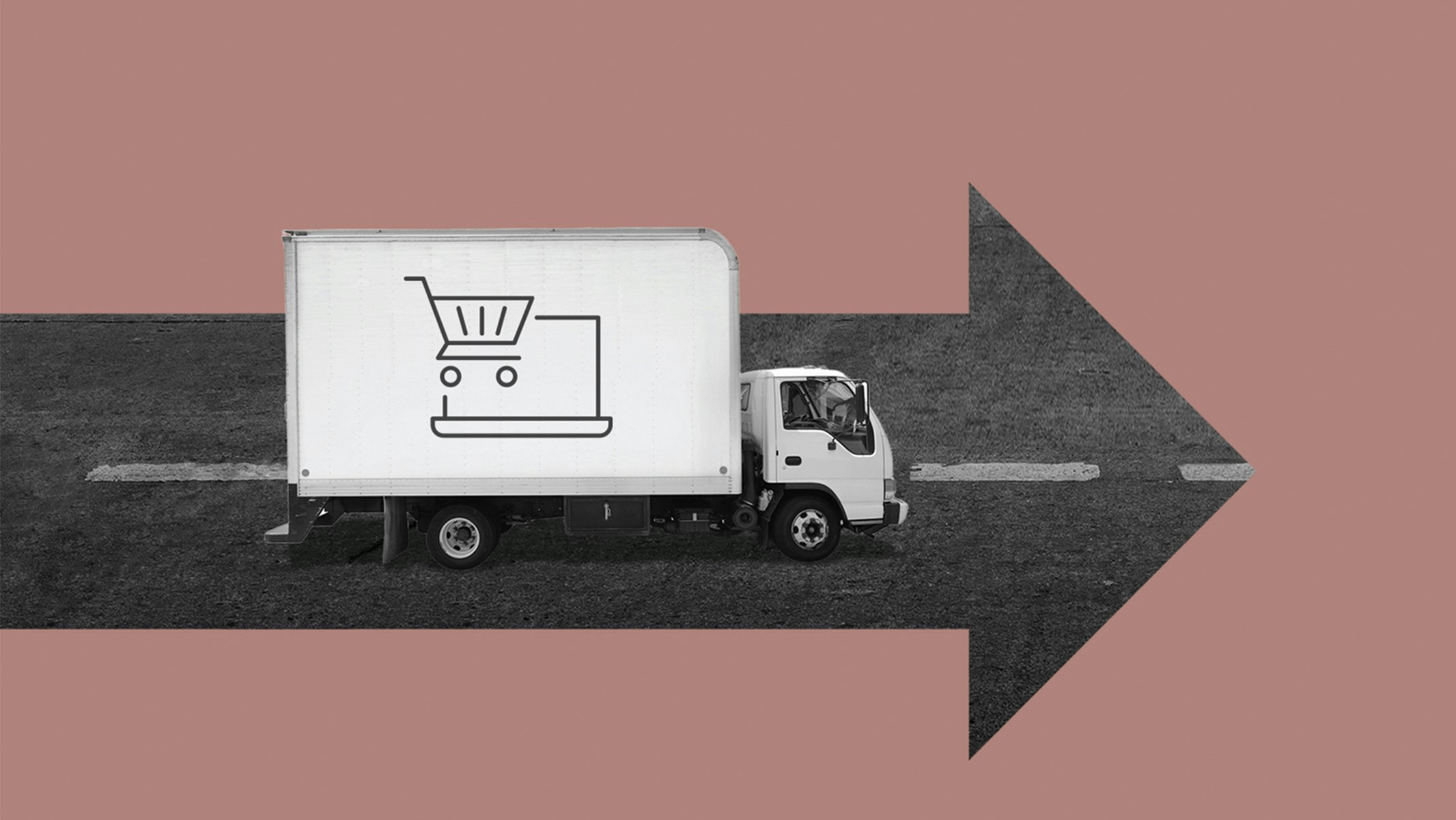 Ecommerce shipping companies: Illustration of delivery truck driving on a forward arrow. The delivery truck has an e-commerce icon on the side to represent Last-Mile delivery.