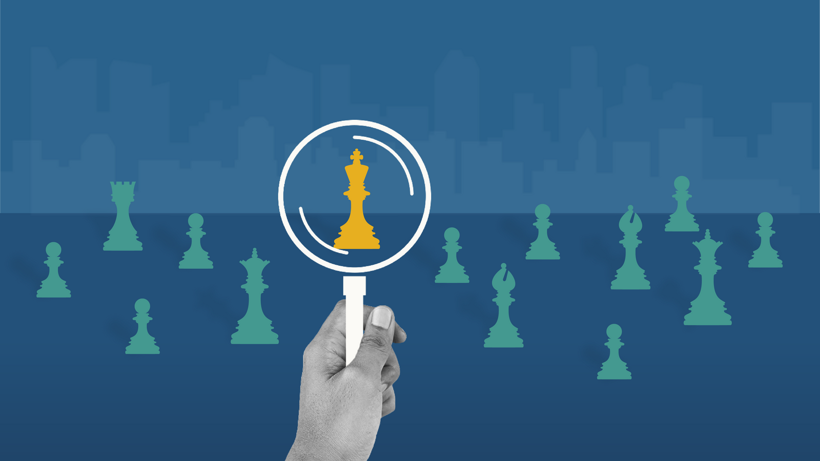 Illustration of chess pieces with hand holding a magnifying glass over the King