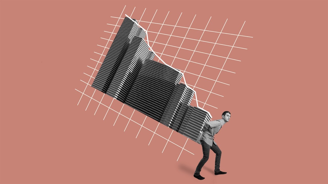 Illustration of man with city skyline on his back, resembling a data chart showing growth