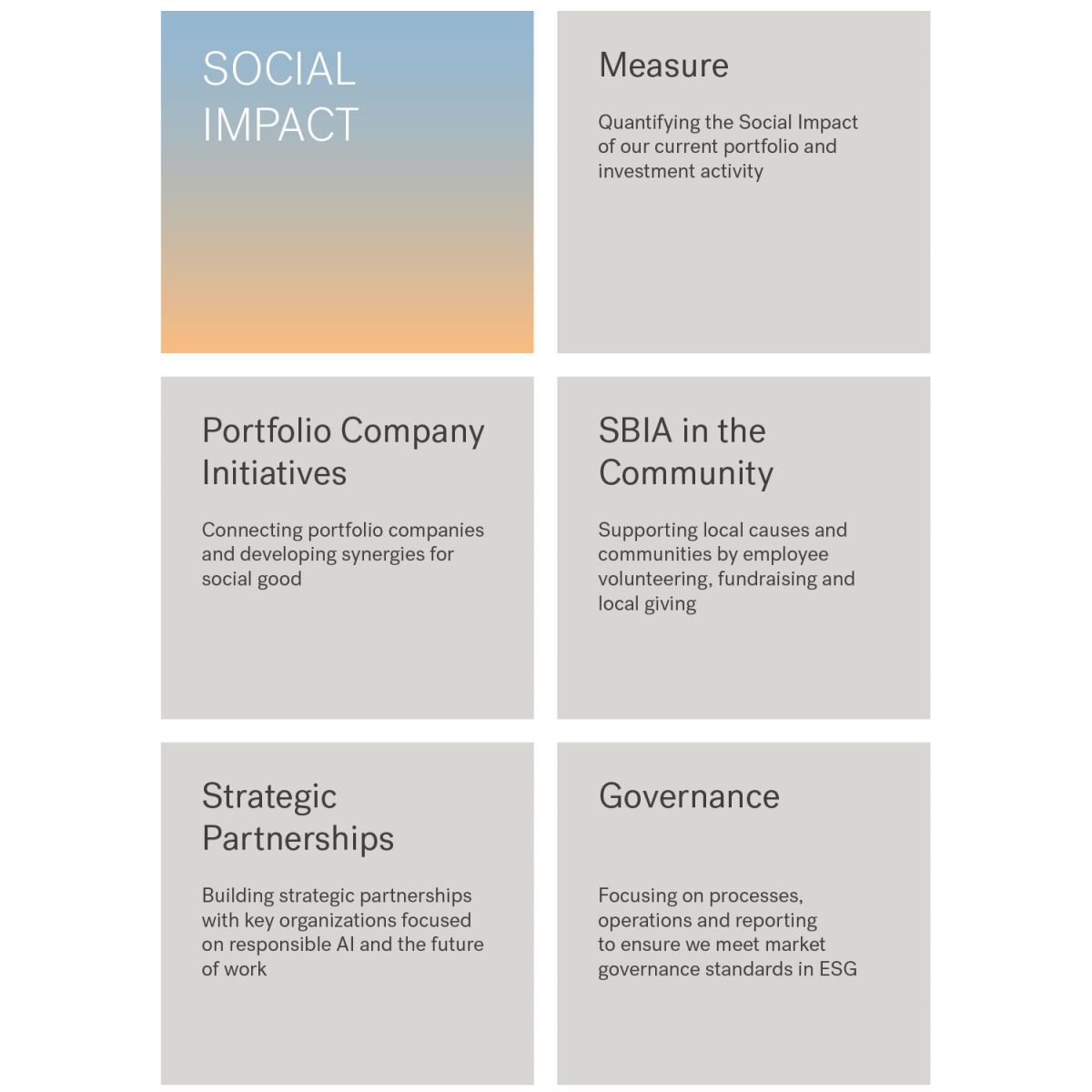 Social Impact Categories: Measure, Portfolio Company Initiatives, SBIA in the Community, Strategic Partnerships, Governance.