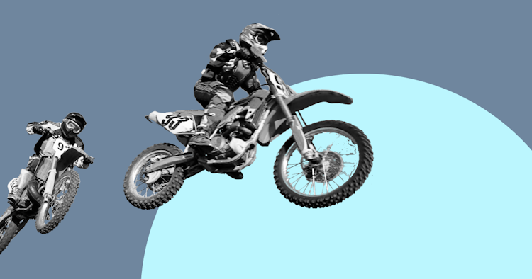Black-and-white motocross riders mid-jump against a stylized blue background, evoking high-speed agility and innovation — highlighting Glean's enterprise search, AI speed, and performance.