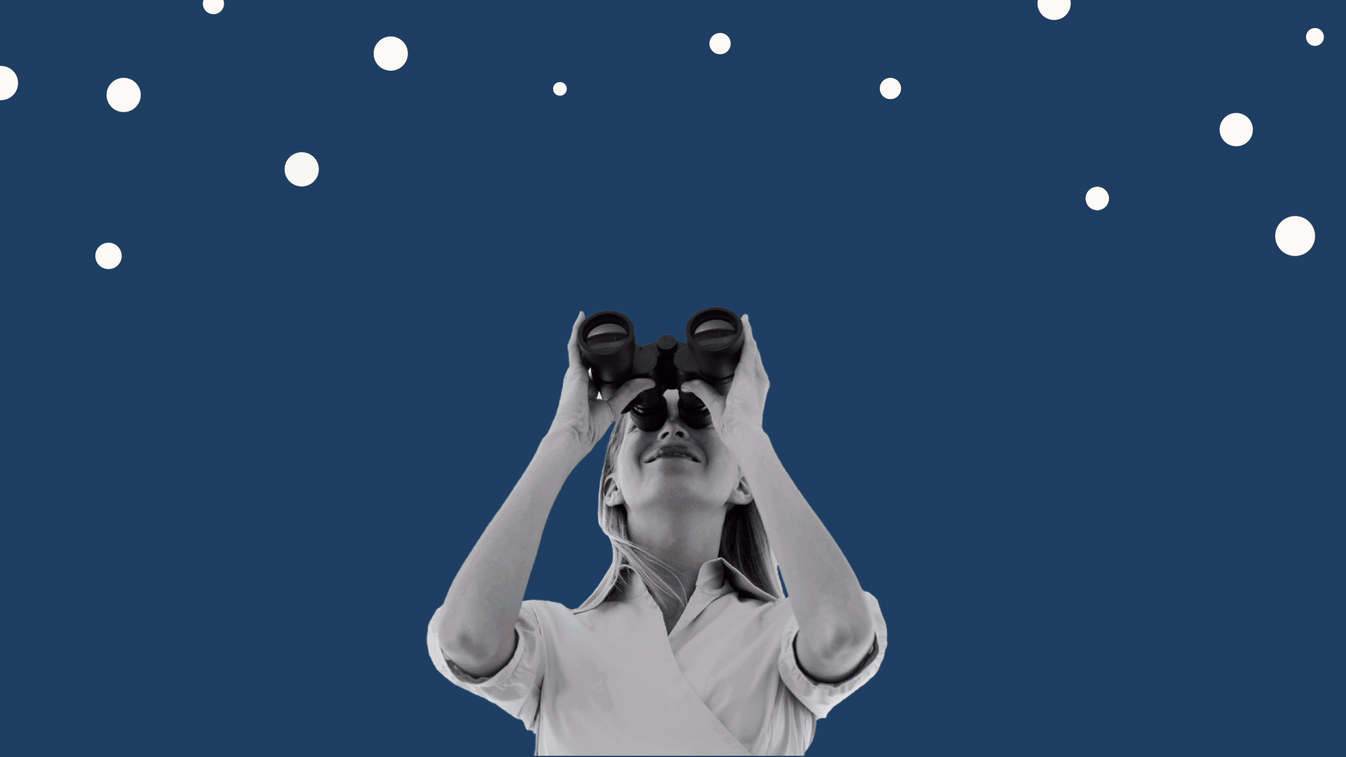 Illustration of woman holding binoculars looking at the sky, with interactive data elements growing in the background